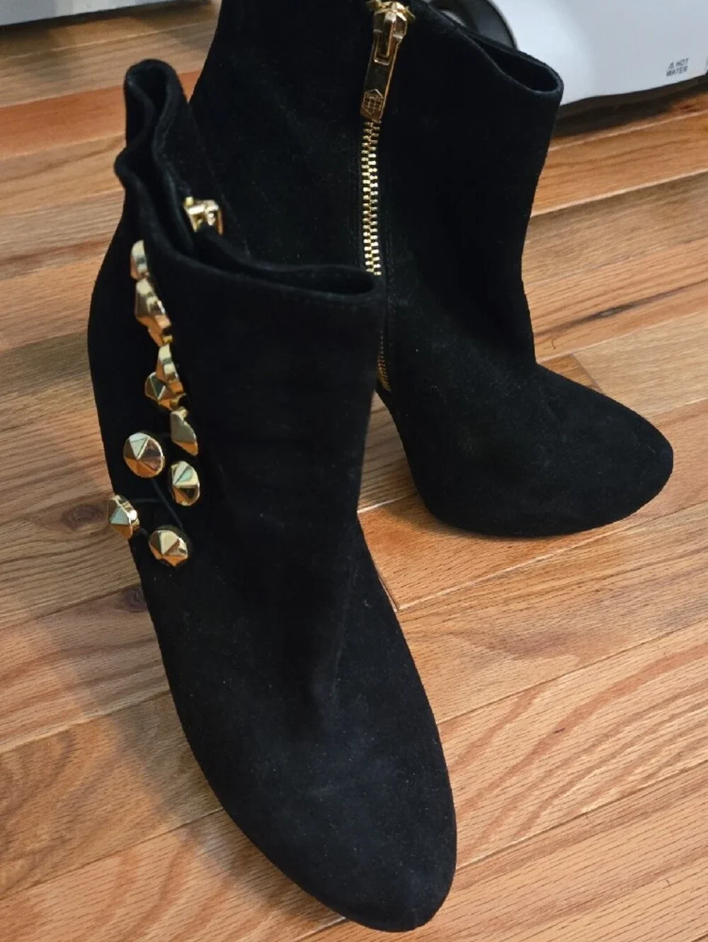 Vince Camuto Black Suede Ankle Booties with Gold Studs